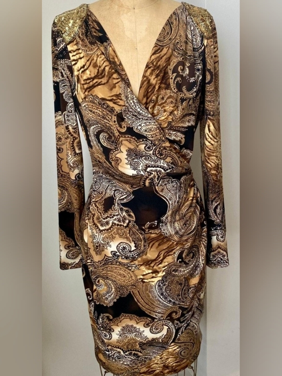 Cache Dresses & Skirts - CACHE Gold Paisley Wrap-Style Long-Sleeve Dress